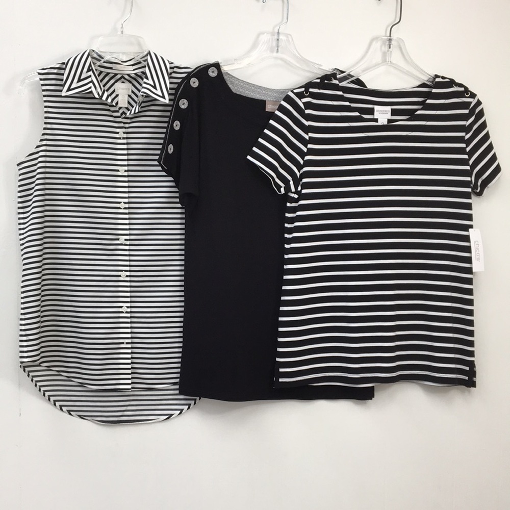Chico's Women's Black and White Blouse Bundle of 3 Size S EXCELLENT Condition